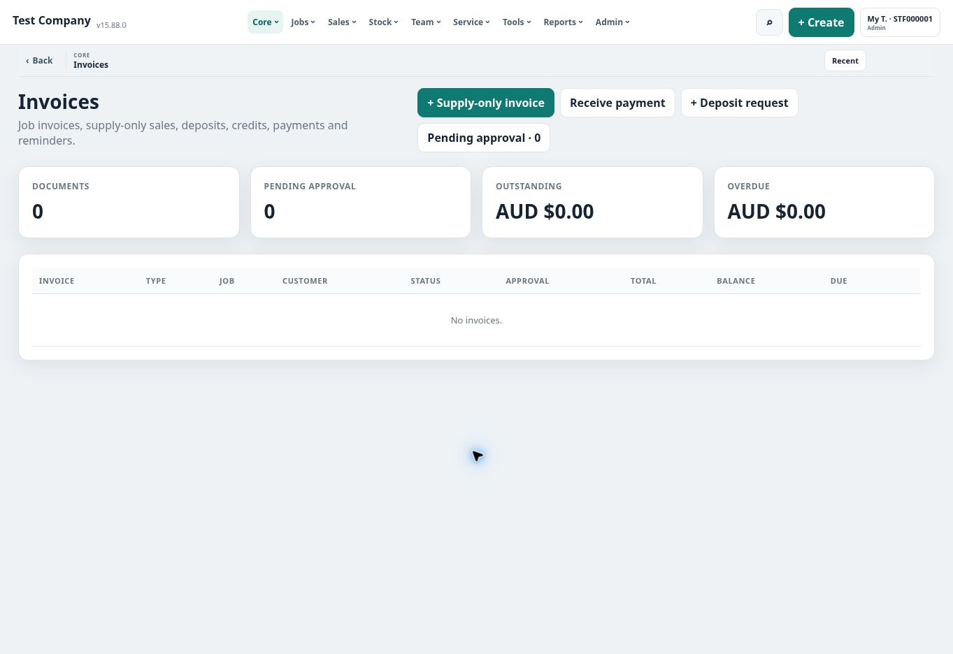 Trade Job HQ invoice register