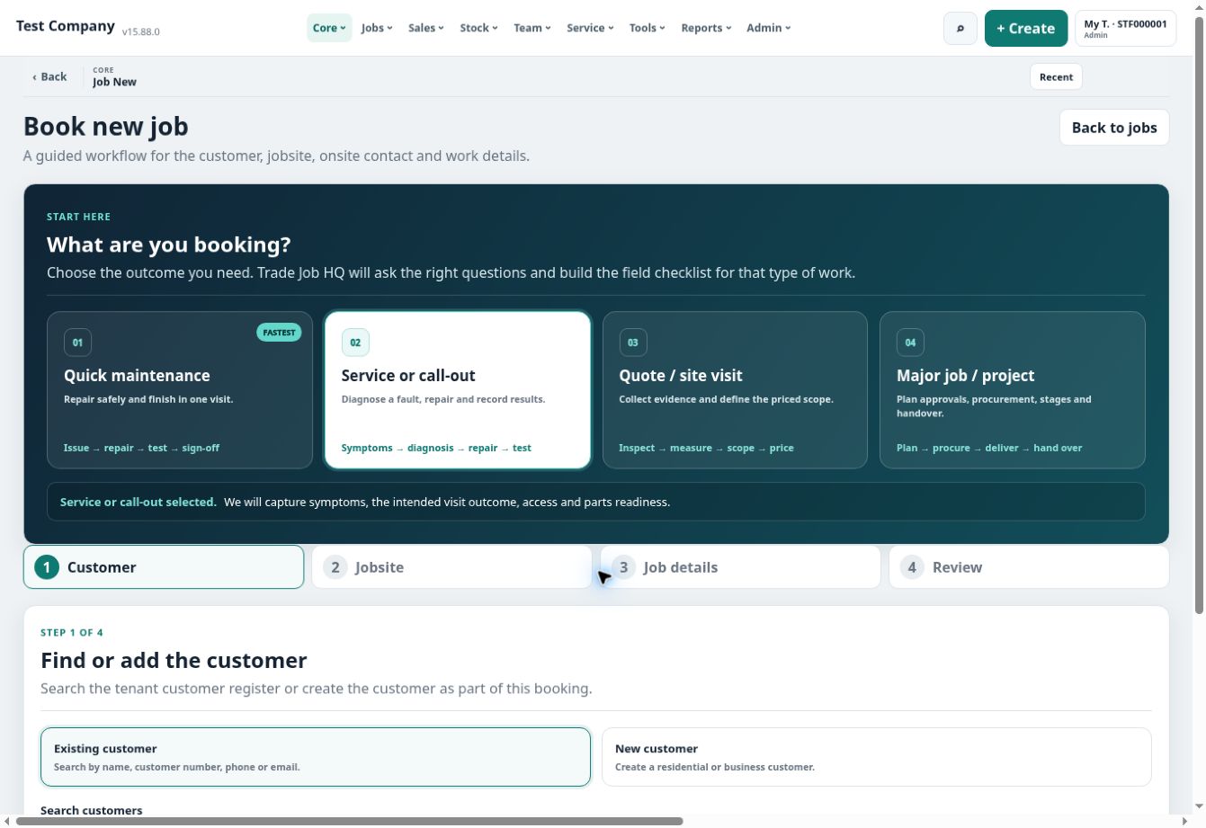 Trade Job HQ guided new job workflow
