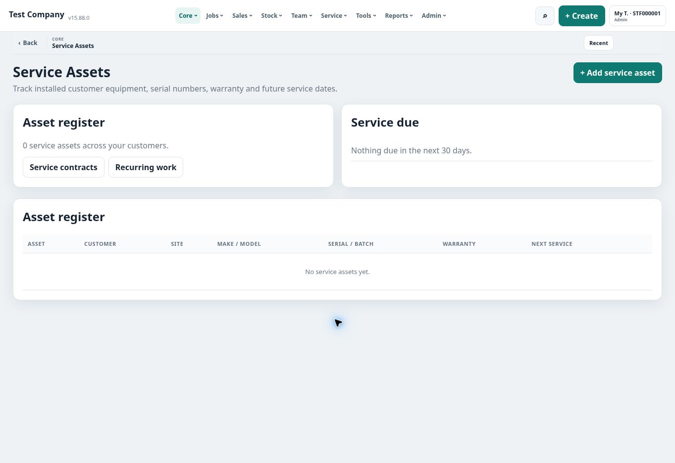 Customer service asset register