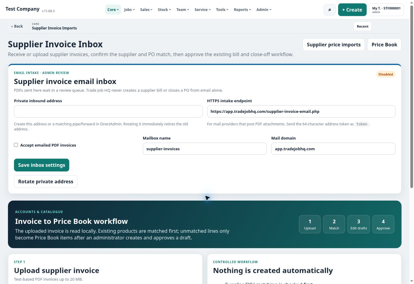 Trade Job HQ supplier invoice inbox